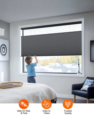 Dark gray top-down bottom-up cellular honeycomb shade: cordless lift operation