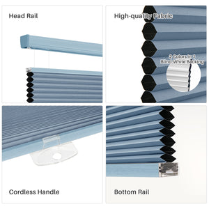 Blue top-down bottom-up cellular honeycomb shade: headrail, fabric and bottom rail details