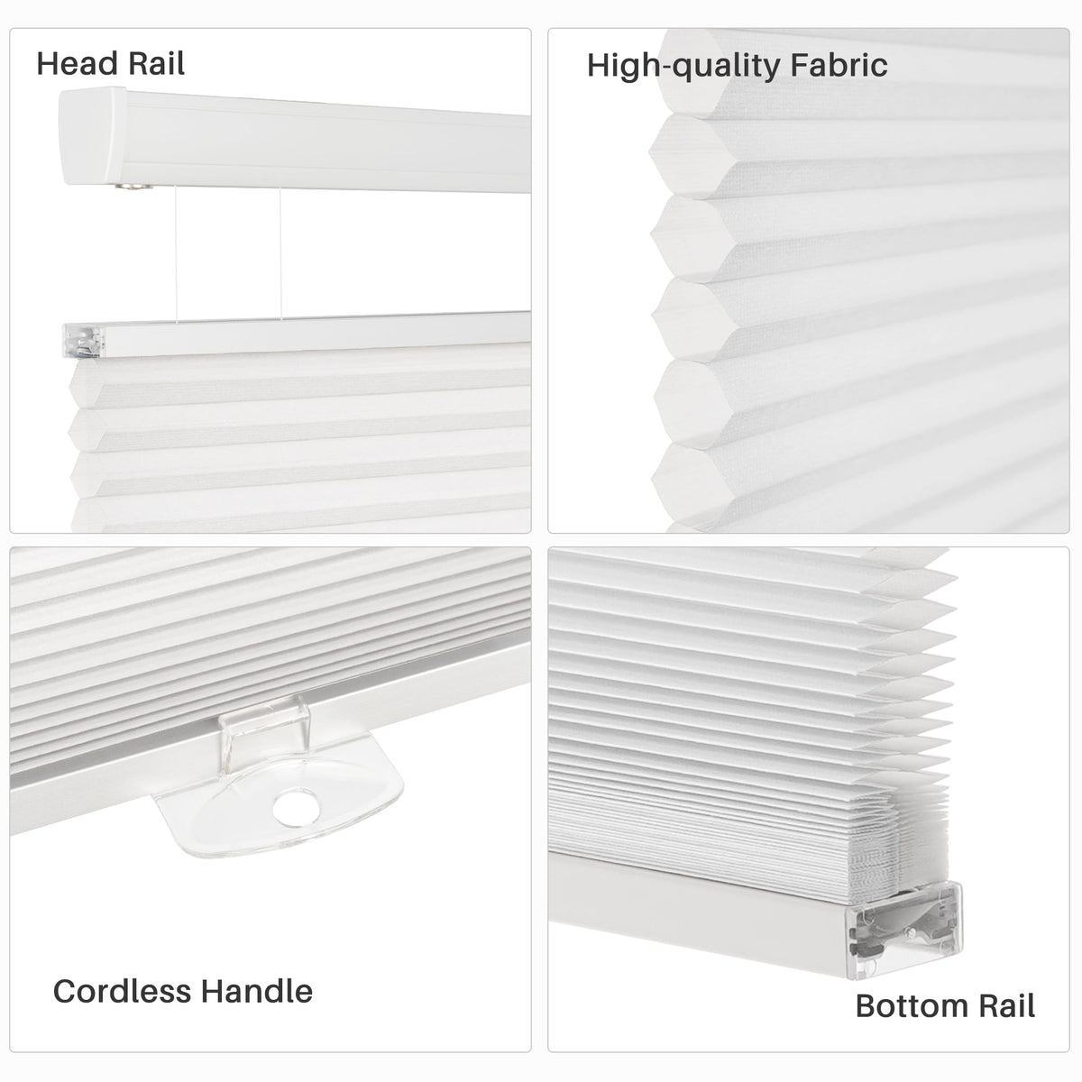 White top-down bottom-up cellular honeycomb shade: headrail, fabric and bottom rail details