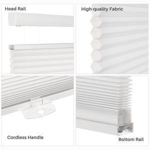 White top-down bottom-up cellular honeycomb shade: headrail, fabric and bottom rail details