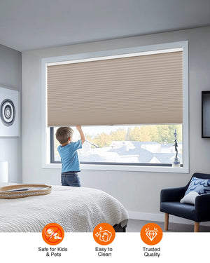 Taupe cellular honeycomb shade: cordless lift operation