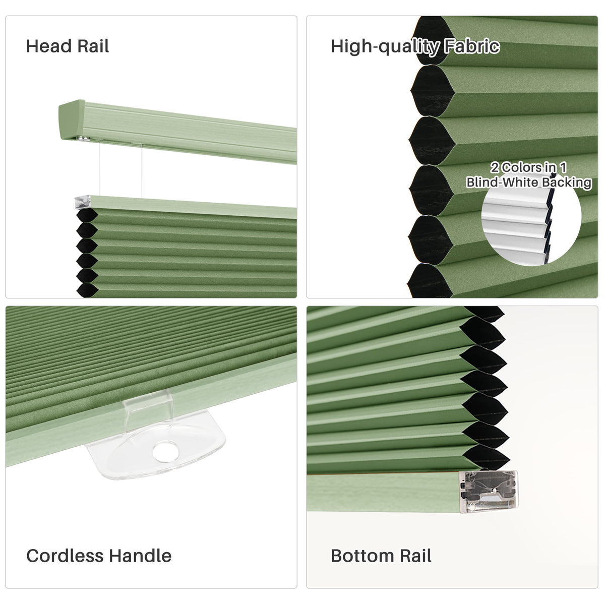 Green top-down bottom-up cellular honeycomb shade: headrail, fabric and bottom rail details