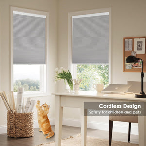 Gray cellular honeycomb shade: on paired windows