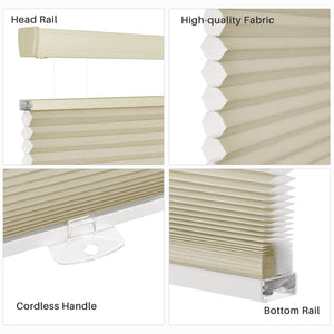 Beige top-down bottom-up cellular honeycomb shade: headrail, fabric and bottom rail details