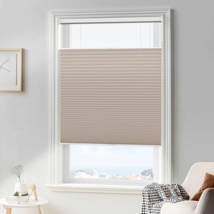 Taupe top-down bottom-up cellular honeycomb shade: in a furnished room