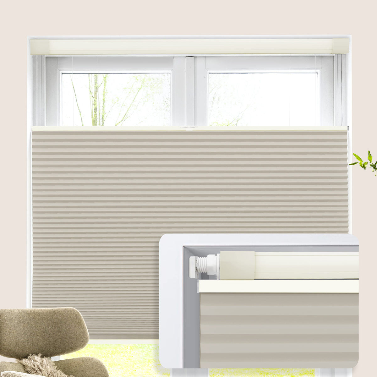 Beige top-down bottom-up no-drill cellular honeycomb shade: on a window
