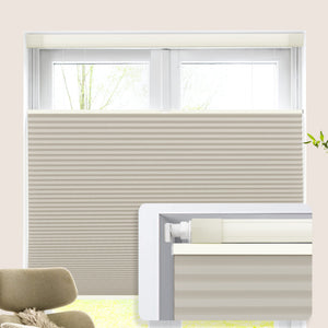 Beige top-down bottom-up no-drill cellular honeycomb shade: on a window
