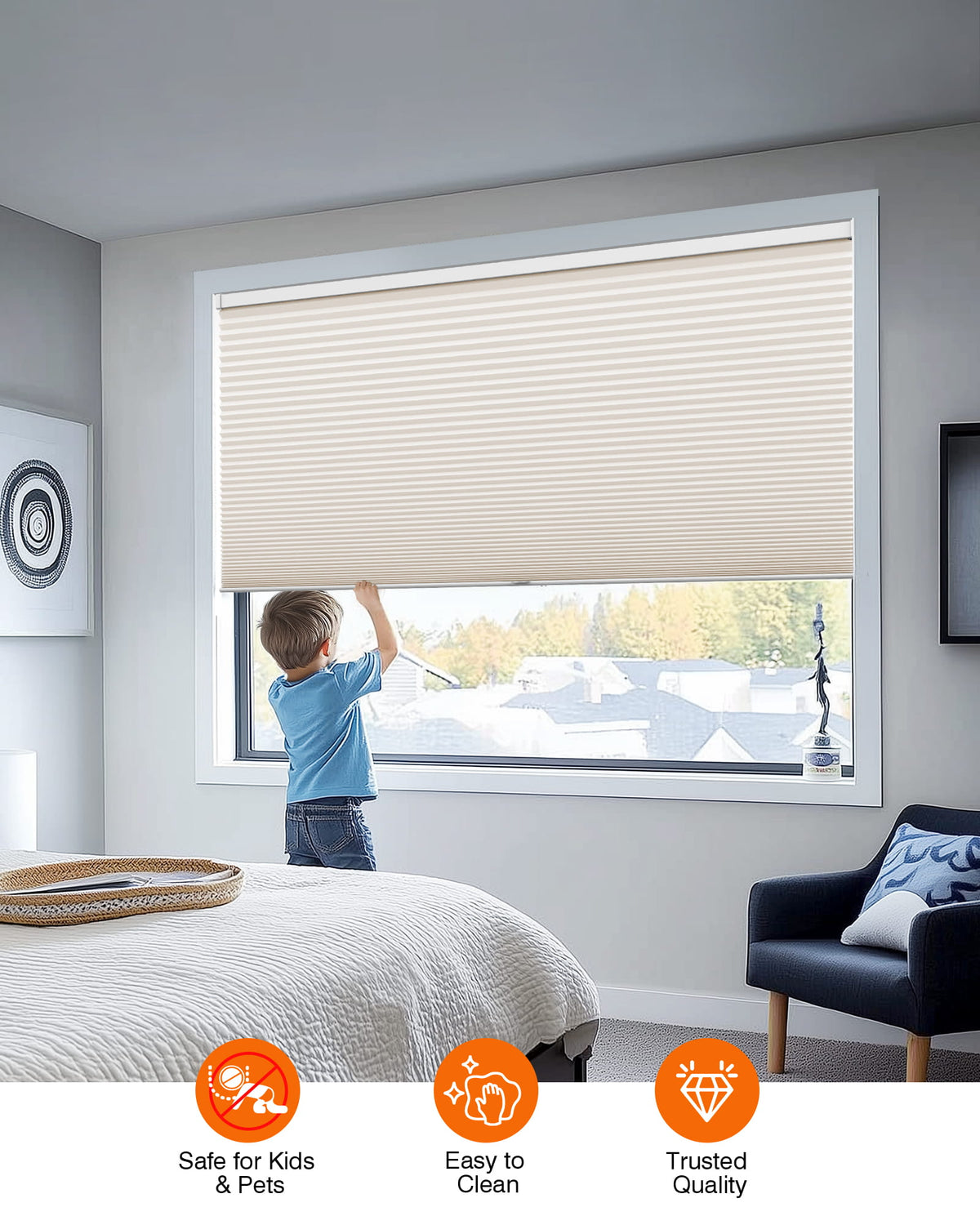 Cream cellular honeycomb shade: cordless lift operation