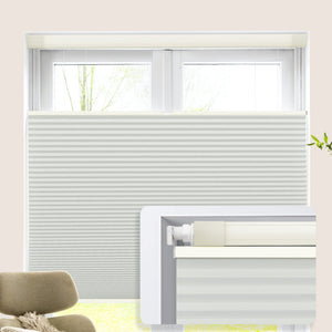Off-white top-down bottom-up no-drill cellular honeycomb shade: on a window