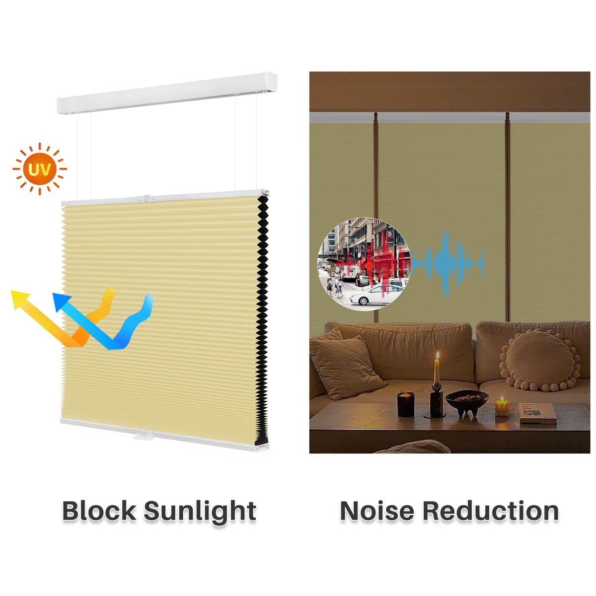Yellow top-down bottom-up cellular honeycomb shade: comparison of light passing through the fabric