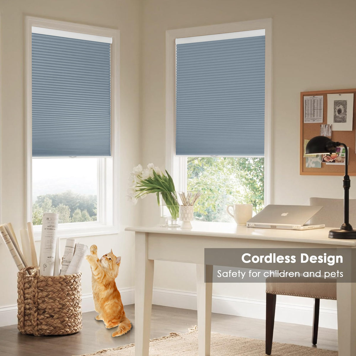 Blue cellular honeycomb shade: on paired windows