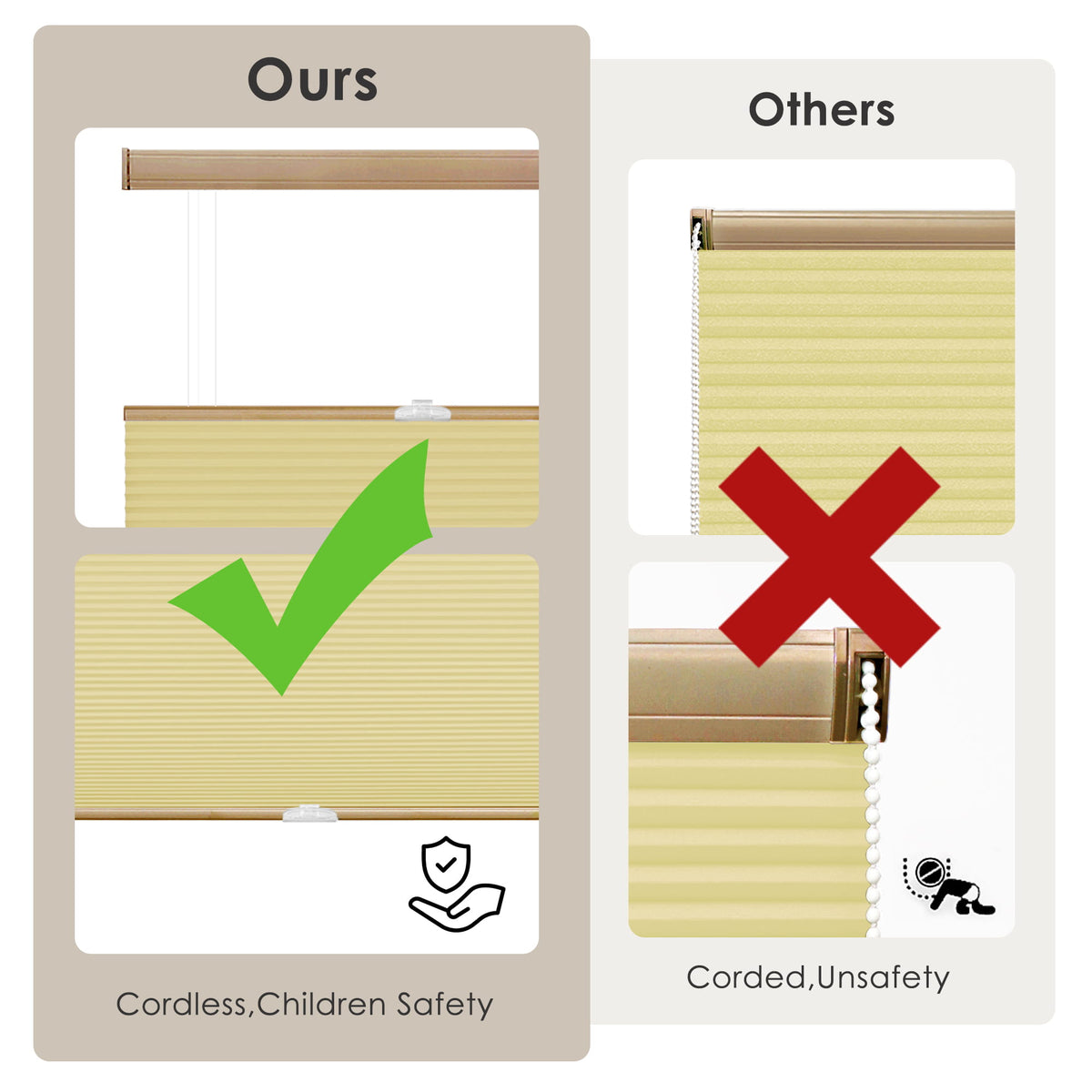 Yellow top-down bottom-up cellular honeycomb shade: cordless and corded design comparison
