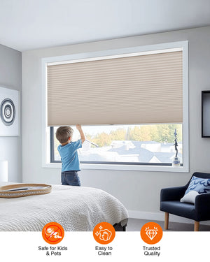 Taupe cellular honeycomb shade: cordless lift operation
