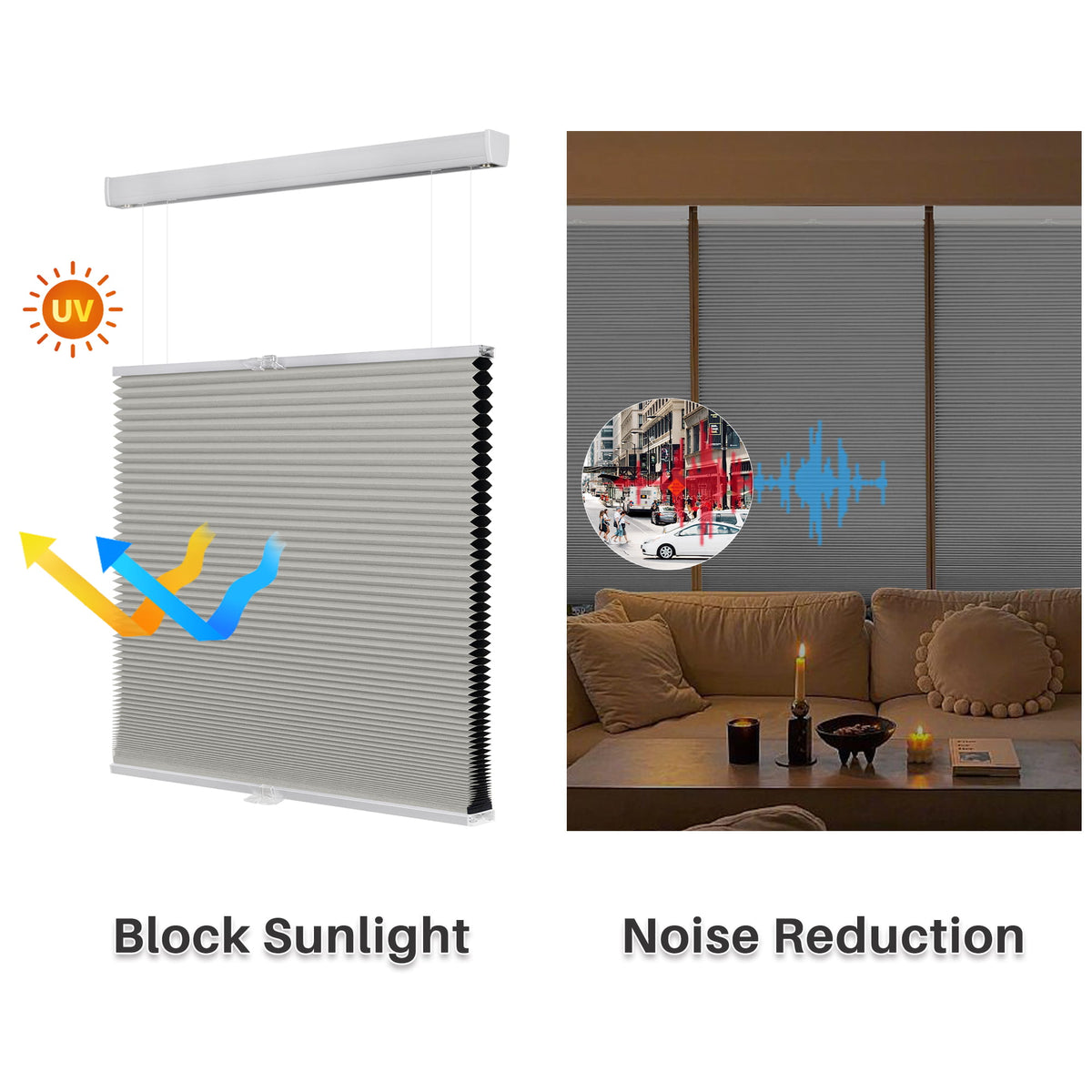 Gray top-down bottom-up cellular honeycomb shade: comparison of light passing through the fabric