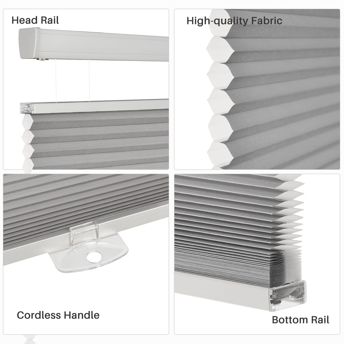 Gray top-down bottom-up cellular honeycomb shade: headrail, fabric and bottom rail details