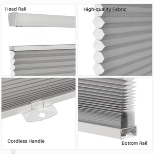 Gray top-down bottom-up cellular honeycomb shade: headrail, fabric and bottom rail details