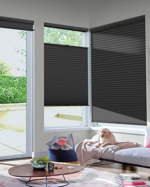 Black top-down bottom-up cellular honeycomb shade: in a furnished room