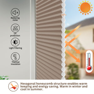 Brown no-drill cellular honeycomb shade: honeycomb cell cross-section and heat-flow illustration