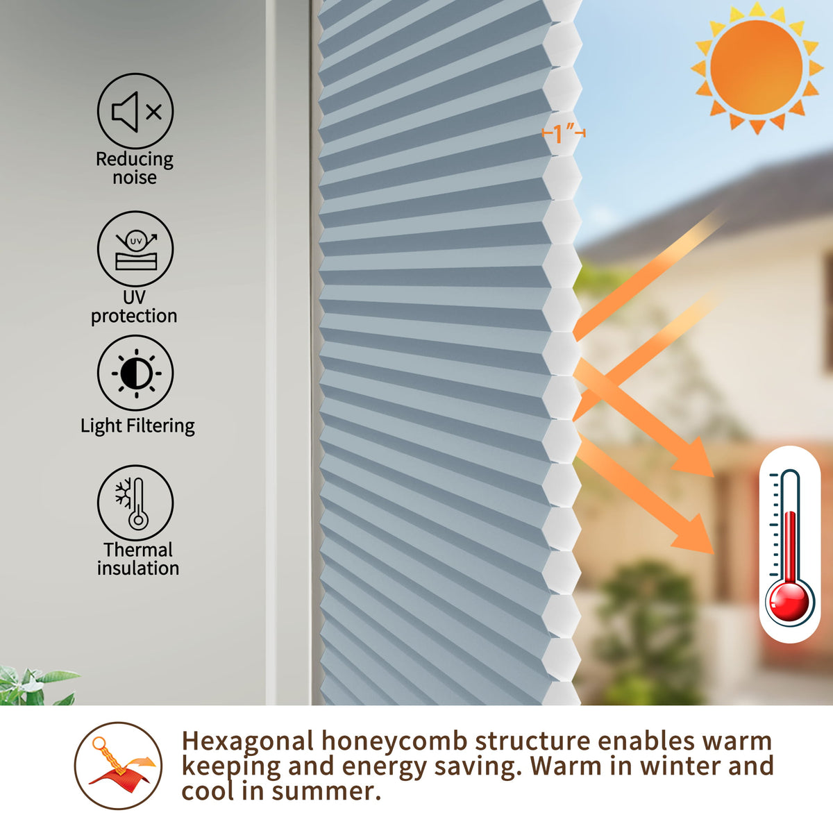 Blue top-down bottom-up no-drill cellular honeycomb shade: honeycomb cell cross-section and heat-flow illustration