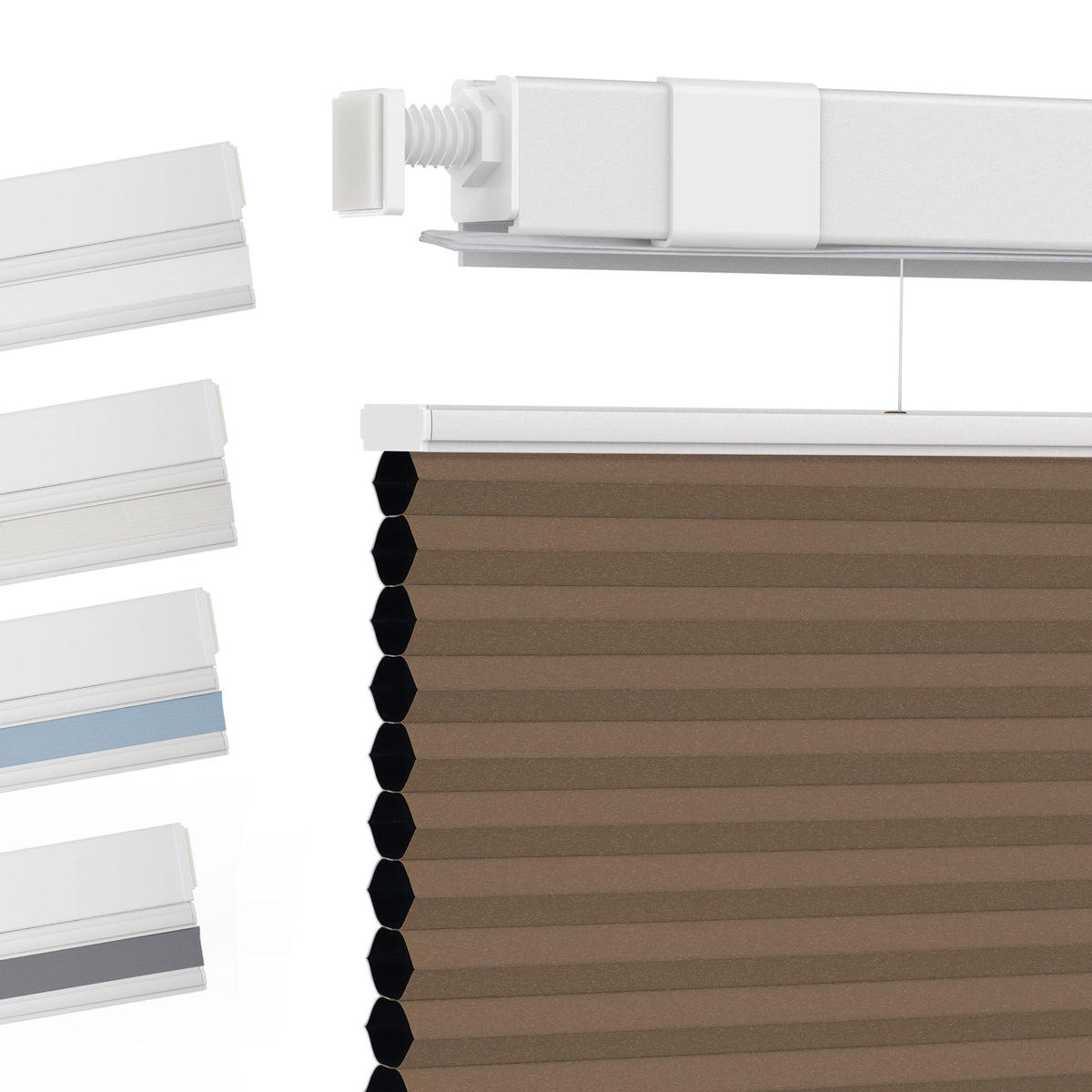 Brown top-down bottom-up no-drill cellular honeycomb shade: fabric texture and color samples