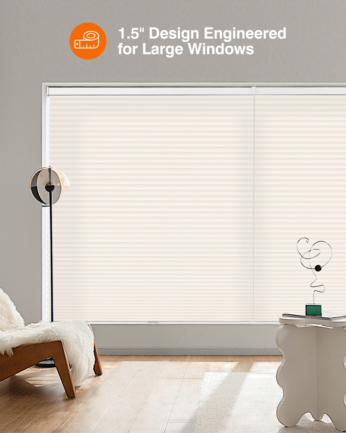 Cream cellular honeycomb shade: in a furnished room