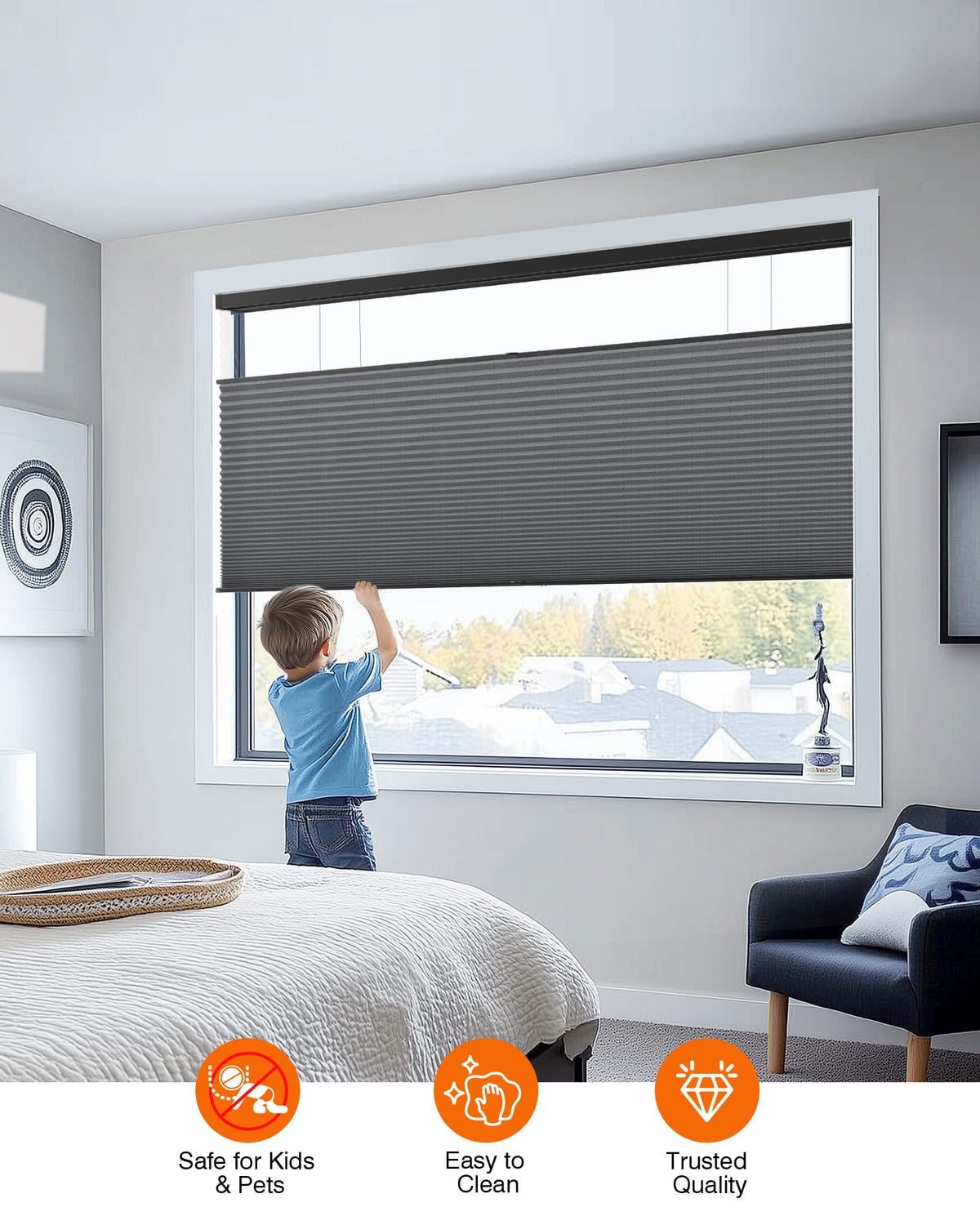 Dark gray top-down bottom-up cellular honeycomb shade: cordless lift operation