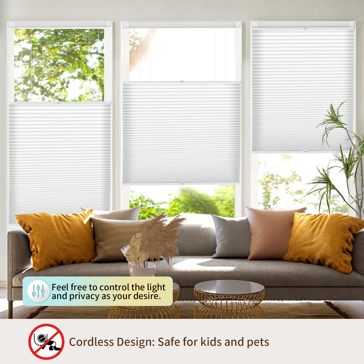 Light gray top-down bottom-up no-drill cellular honeycomb shade: above a window seat