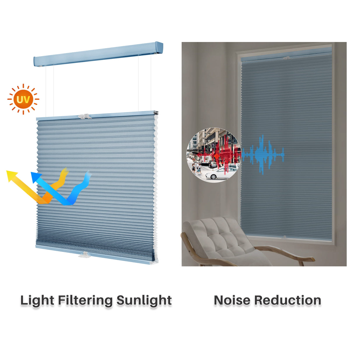 Blue top-down bottom-up cellular honeycomb shade: comparison of light passing through the fabric