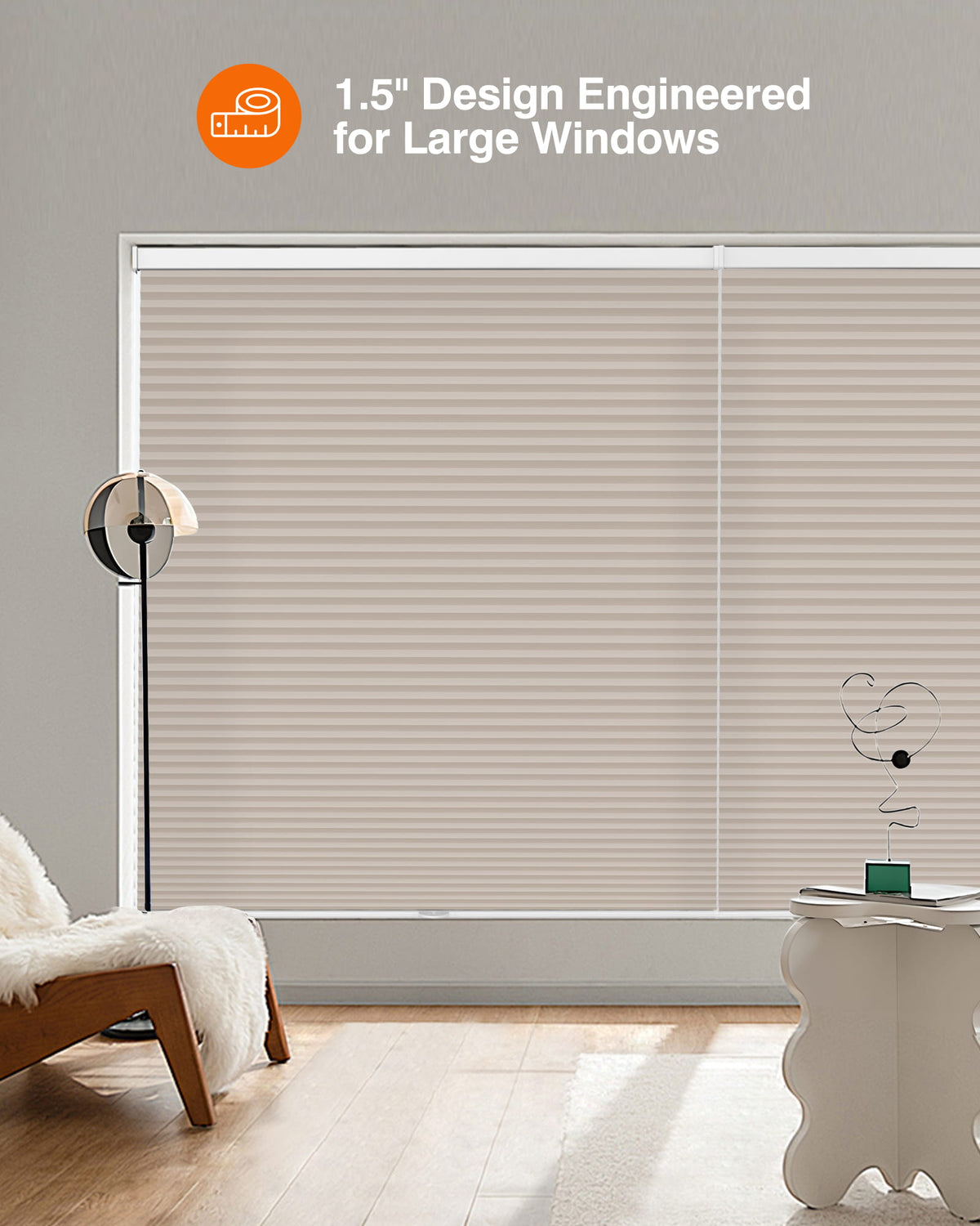 Taupe cellular honeycomb shade: in a furnished room