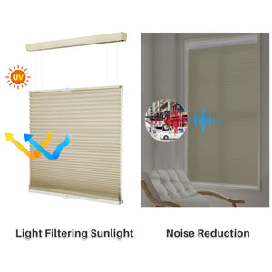 Beige top-down bottom-up cellular honeycomb shade: comparison of light passing through the fabric