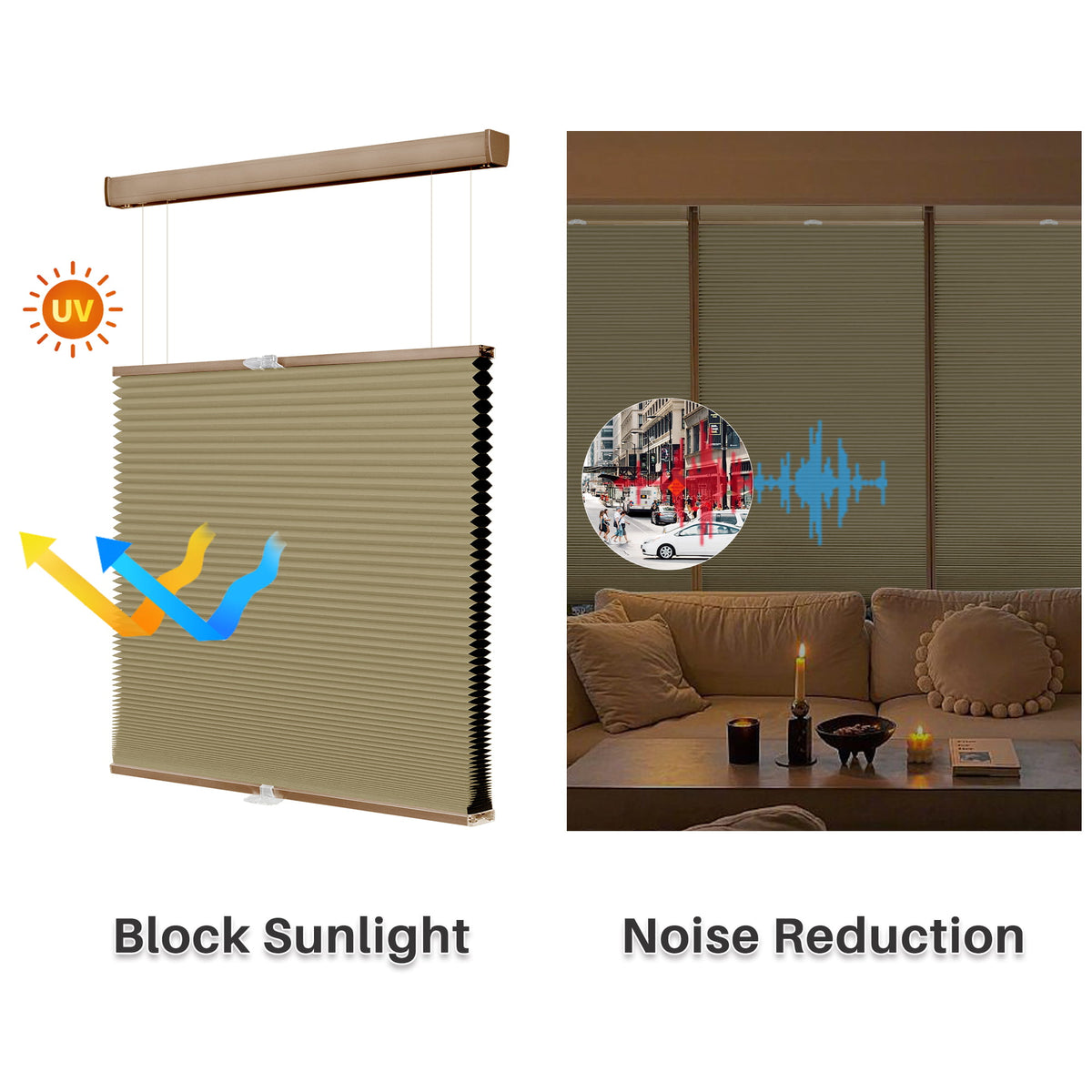 Brown top-down bottom-up cellular honeycomb shade: comparison of light passing through the fabric