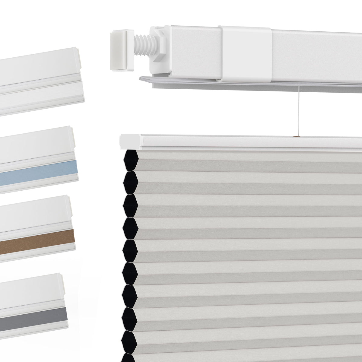 Gray top-down bottom-up no-drill cellular honeycomb shade: fabric texture and color samples