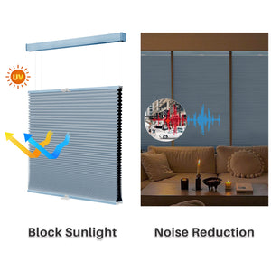 Blue top-down bottom-up cellular honeycomb shade: comparison of light passing through the fabric