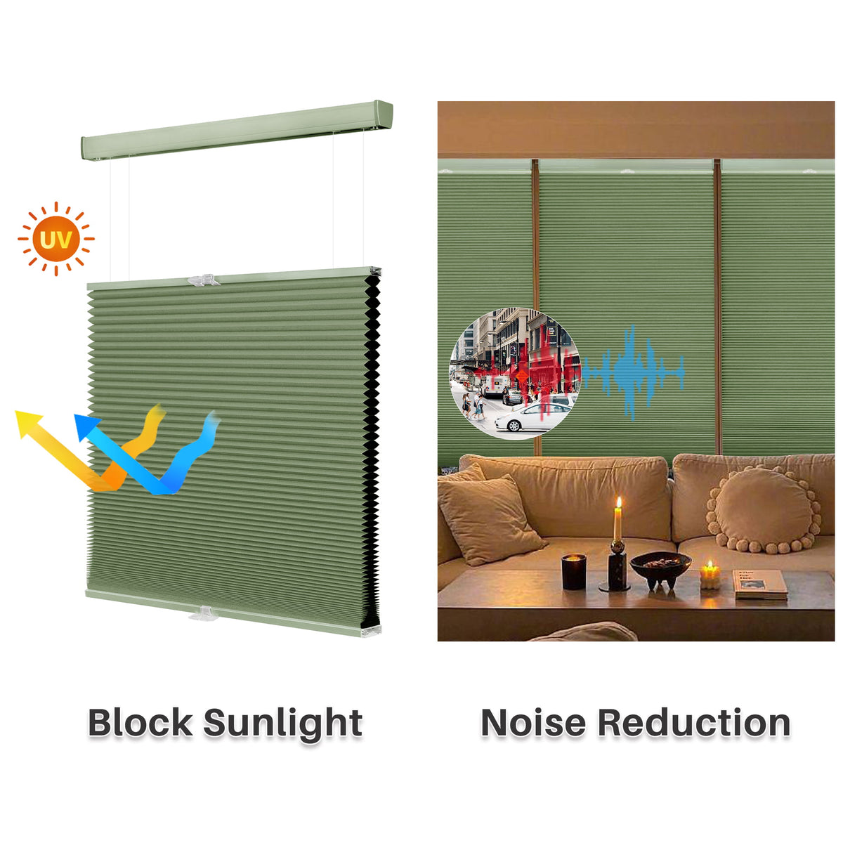 Green top-down bottom-up cellular honeycomb shade: comparison of light passing through the fabric