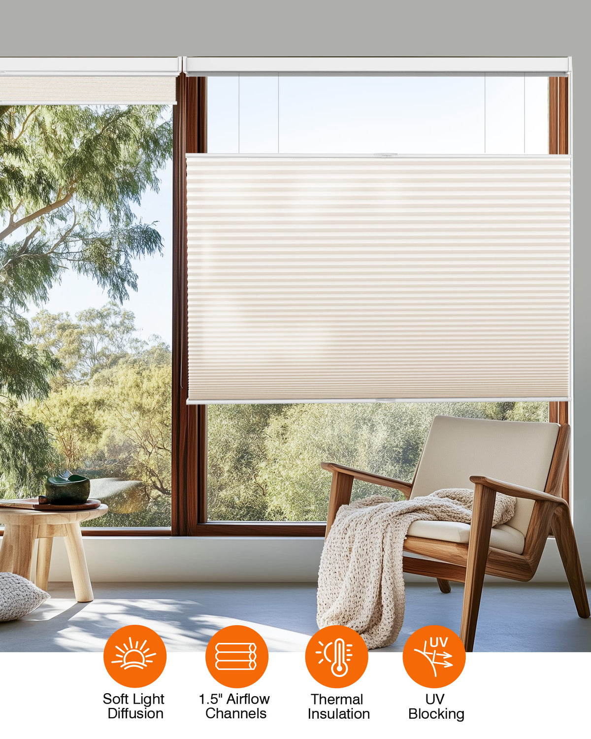 Cream top-down bottom-up cellular honeycomb shade: in a furnished room