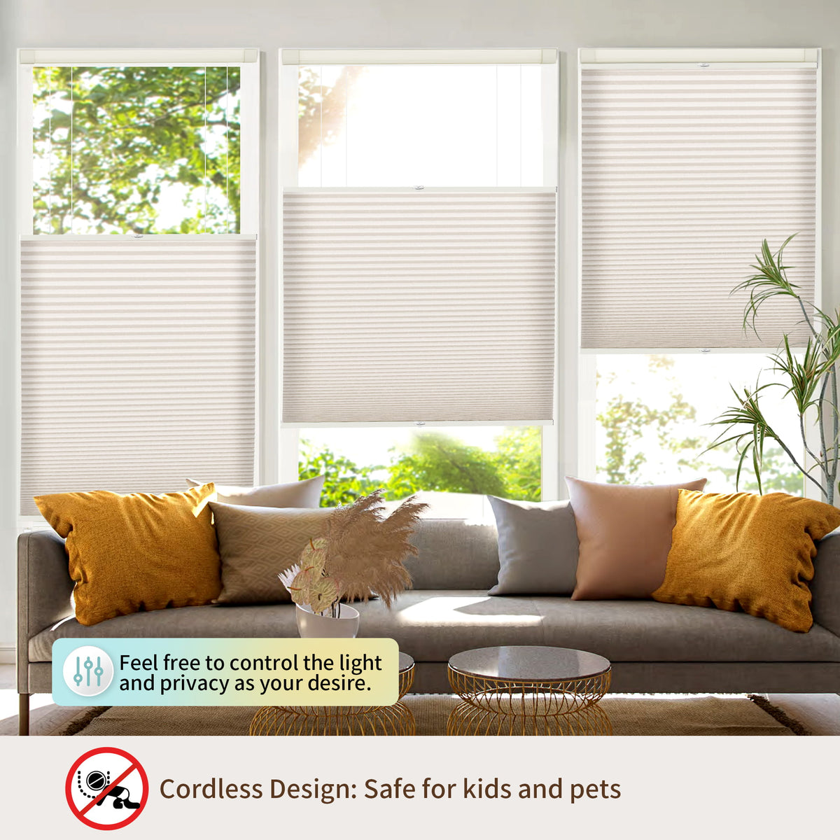 Beige top-down bottom-up no-drill cellular honeycomb shade: above a window seat