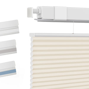 Cream top-down bottom-up no-drill cellular honeycomb shade: fabric texture and color samples