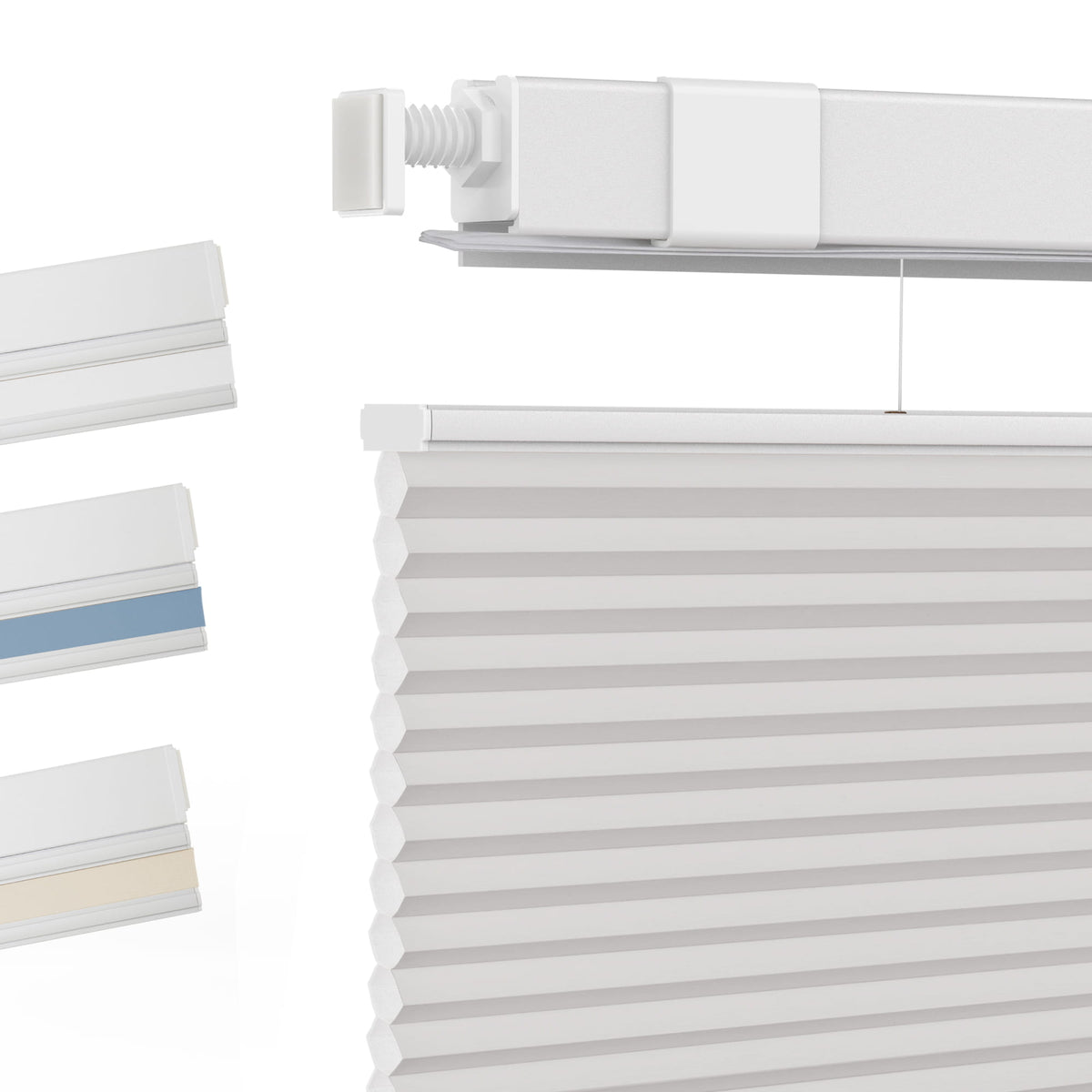 Gray top-down bottom-up no-drill cellular honeycomb shade: fabric texture and color samples