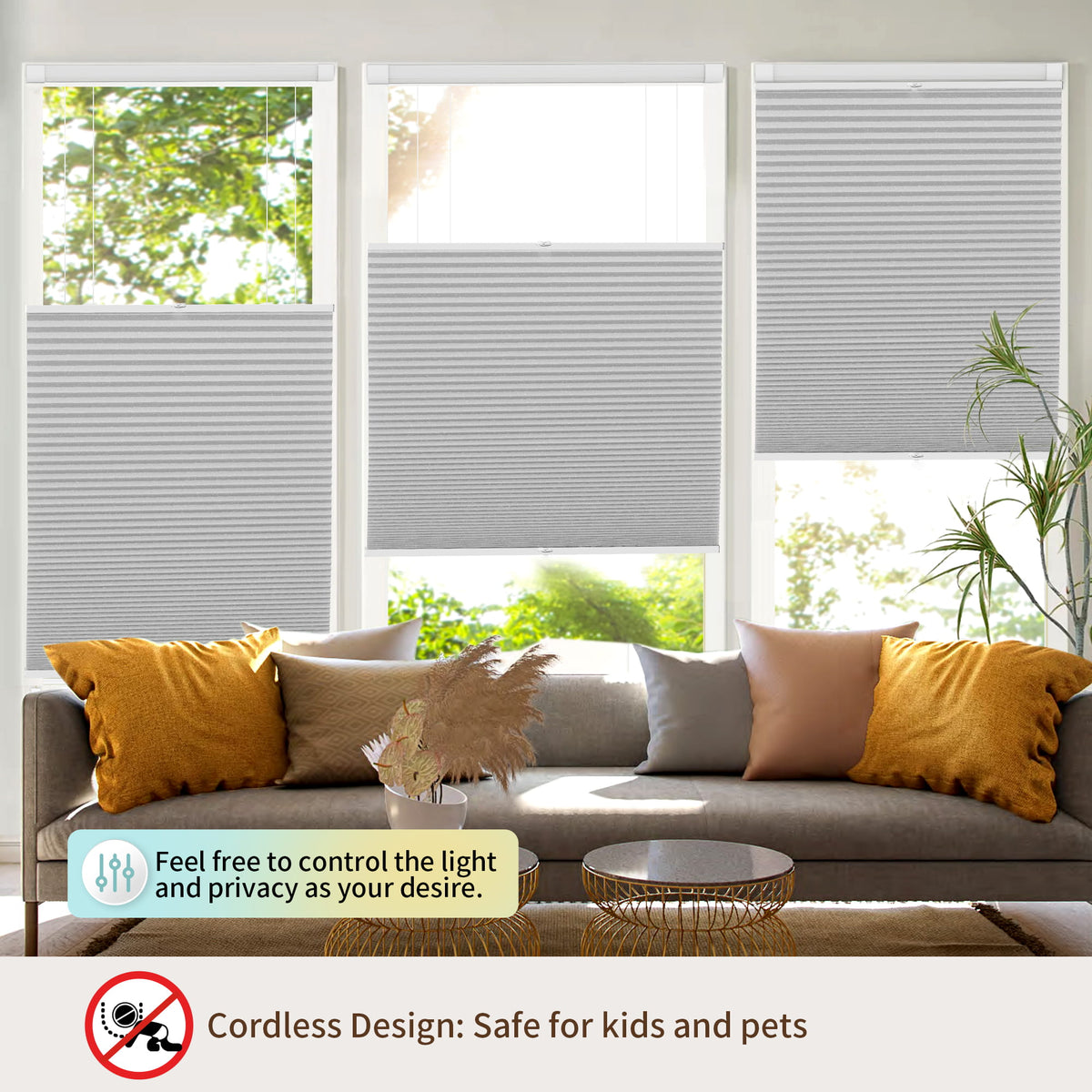 Light gray top-down bottom-up no-drill cellular honeycomb shade: above a window seat