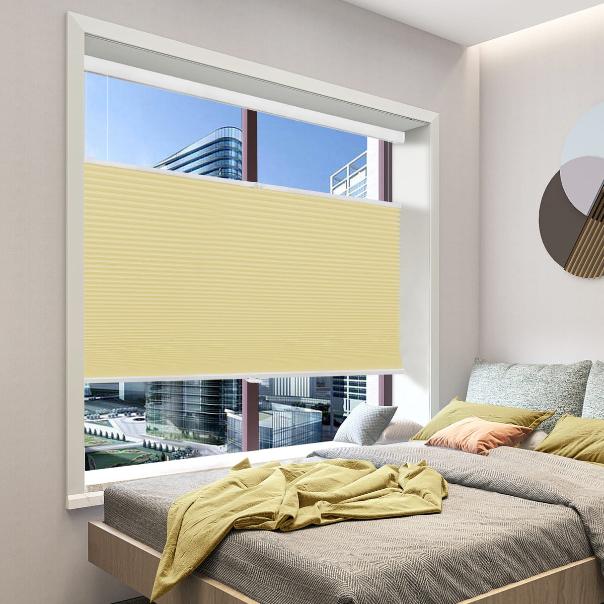 Yellow top-down bottom-up cellular honeycomb shade: in a bedroom