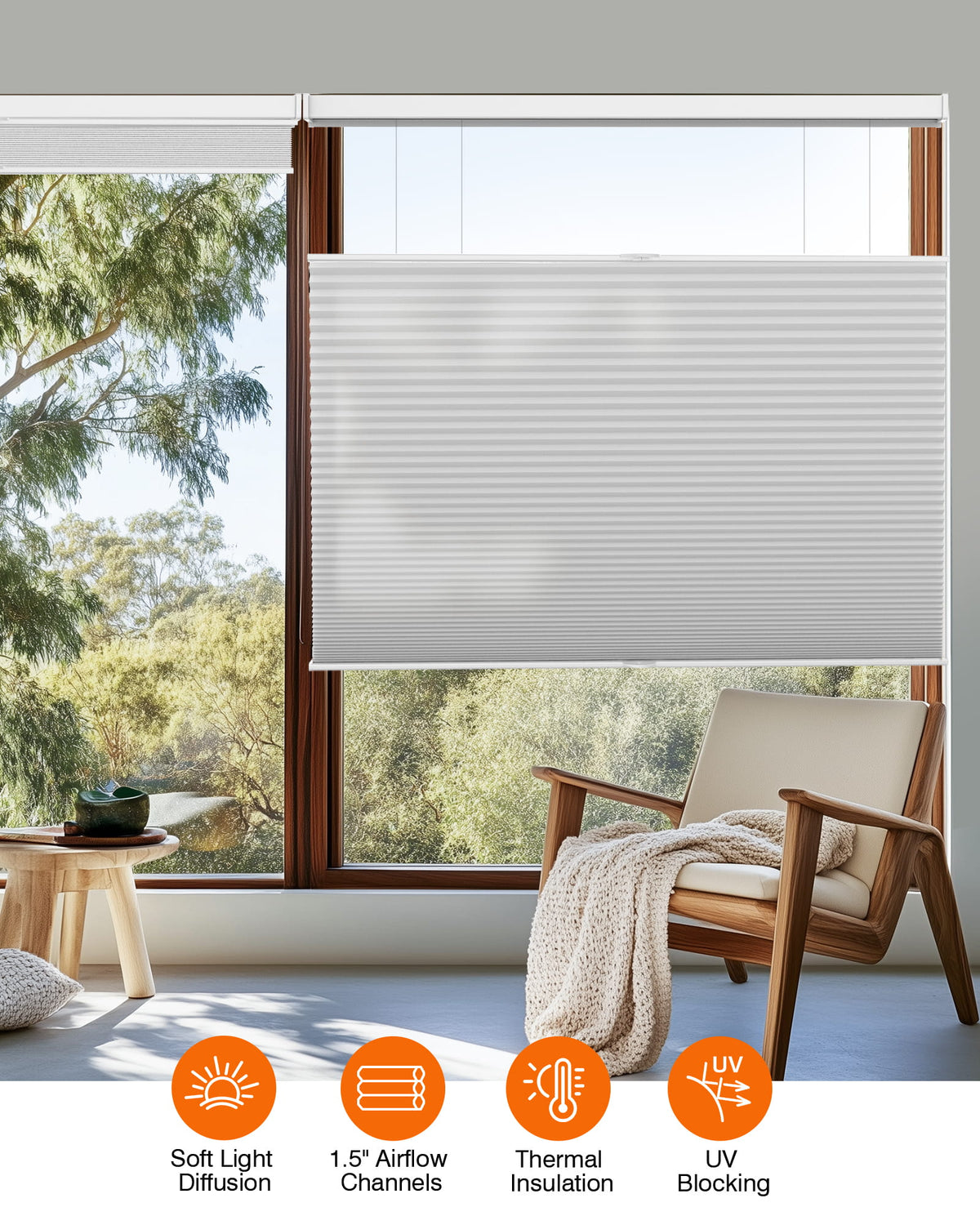 Gray top-down bottom-up cellular honeycomb shade: in a furnished room