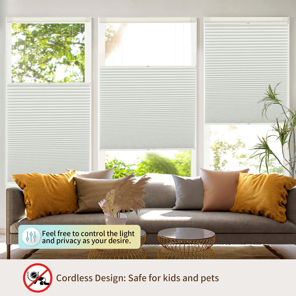 Off-white top-down bottom-up no-drill cellular honeycomb shade: above a window seat