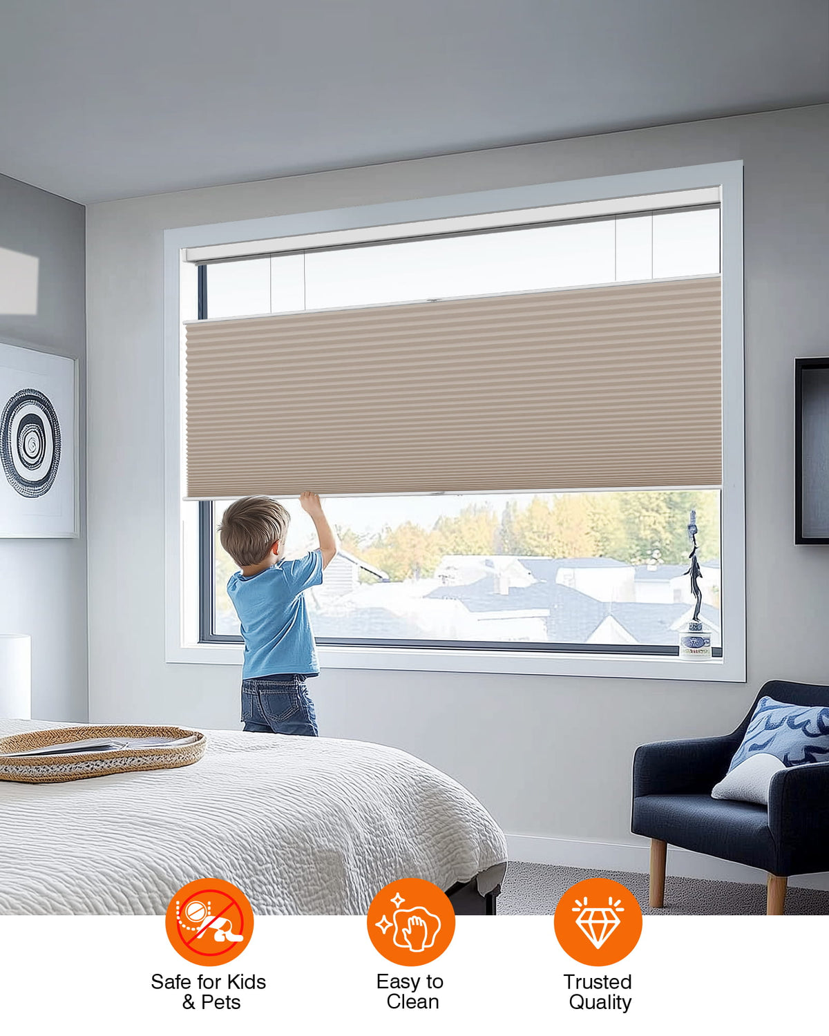 Taupe top-down bottom-up cellular honeycomb shade: cordless lift operation