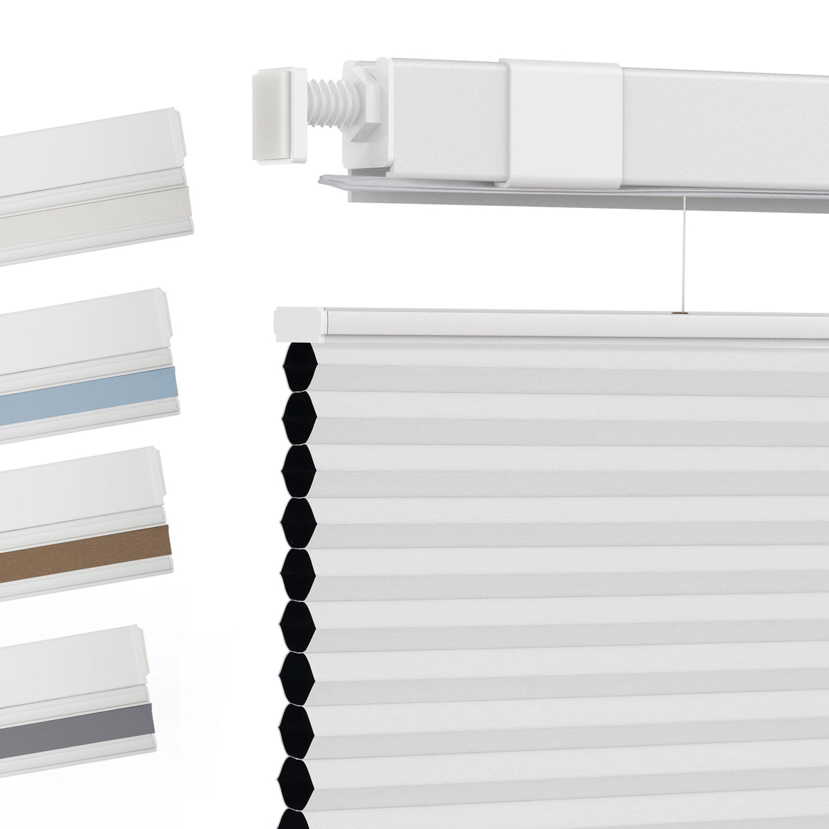 White top-down bottom-up no-drill cellular honeycomb shade: fabric texture and color samples