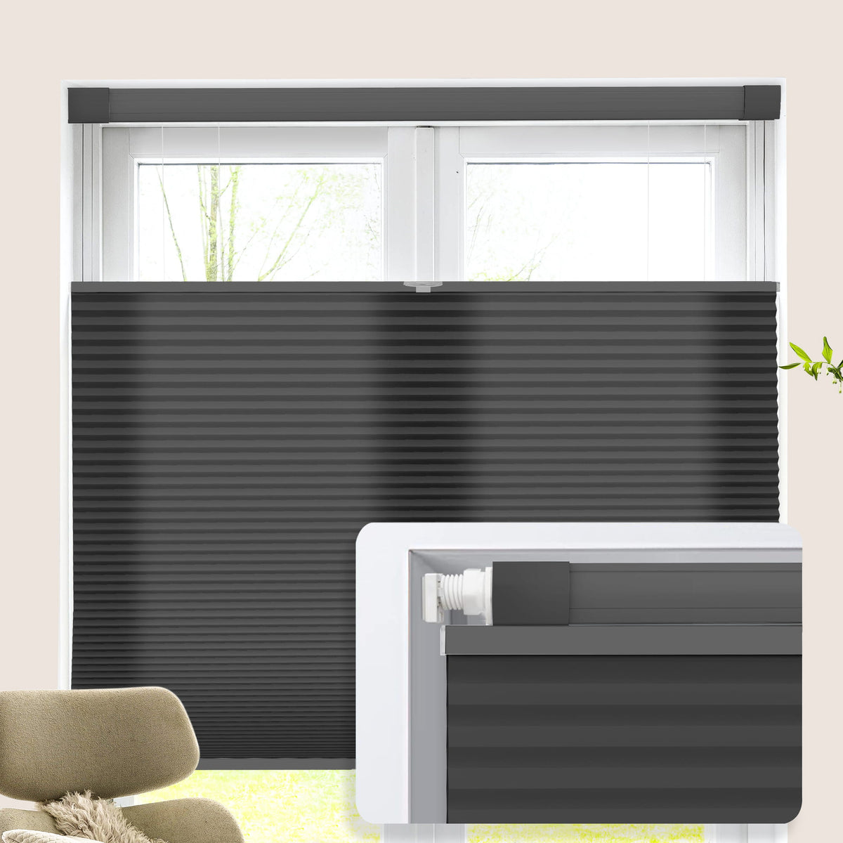 Black top-down bottom-up no-drill cellular honeycomb shade: on a window