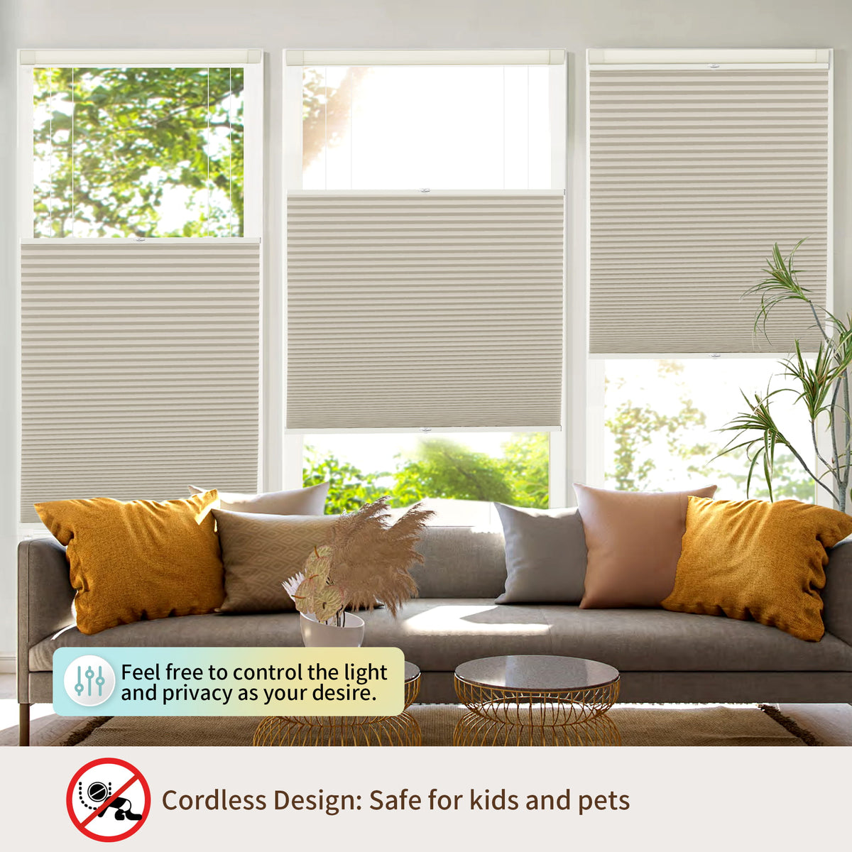Beige top-down bottom-up no-drill cellular honeycomb shade: above a window seat