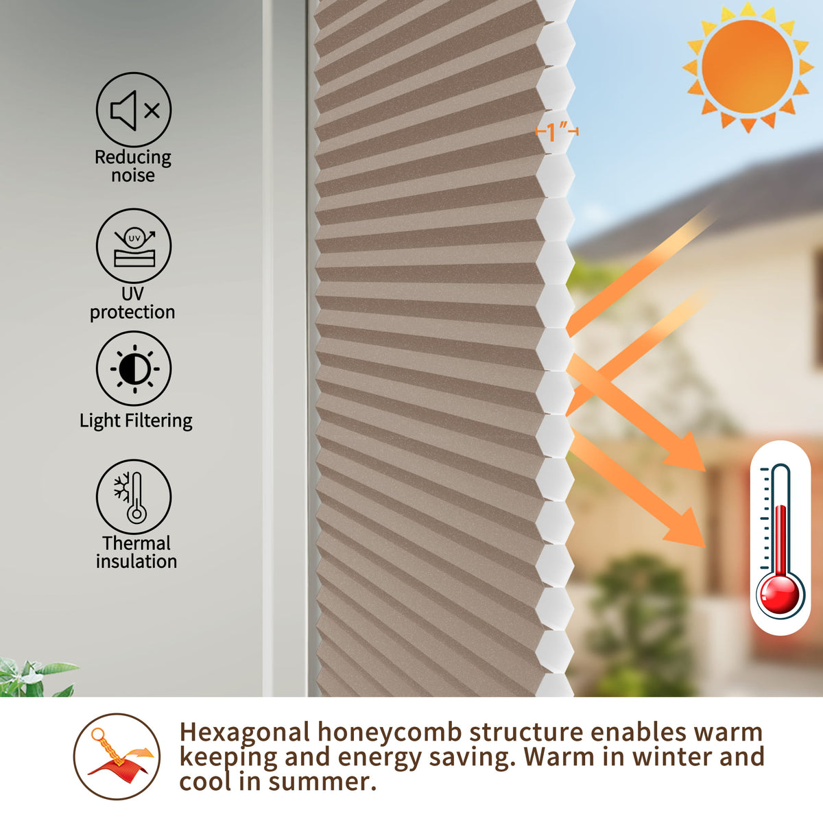 Brown top-down bottom-up no-drill cellular honeycomb shade: honeycomb cell cross-section and heat-flow illustration