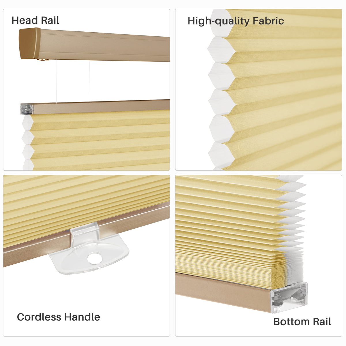 Yellow top-down bottom-up cellular honeycomb shade: headrail, fabric and bottom rail details