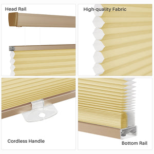 Yellow top-down bottom-up cellular honeycomb shade: headrail, fabric and bottom rail details