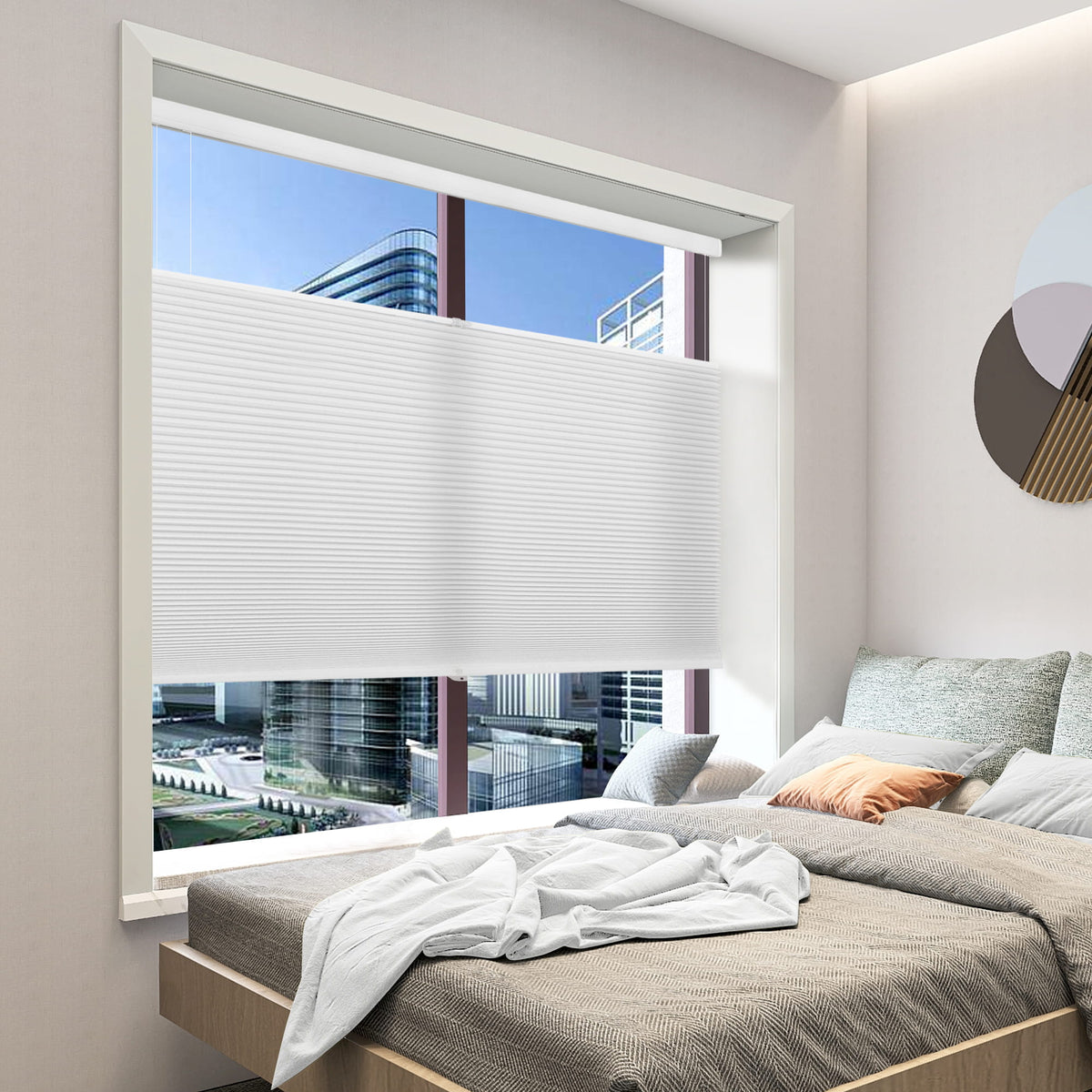 White top-down bottom-up cellular honeycomb shade: in a bedroom
